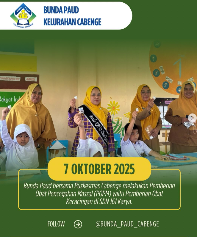Bunda Paud bersama Puskesmas Cabenge melakukan Pemberian Obat Pencegahan Massal (POPM) yaitu Pemberian Obat Kecacingan di SDN 161 Karya.